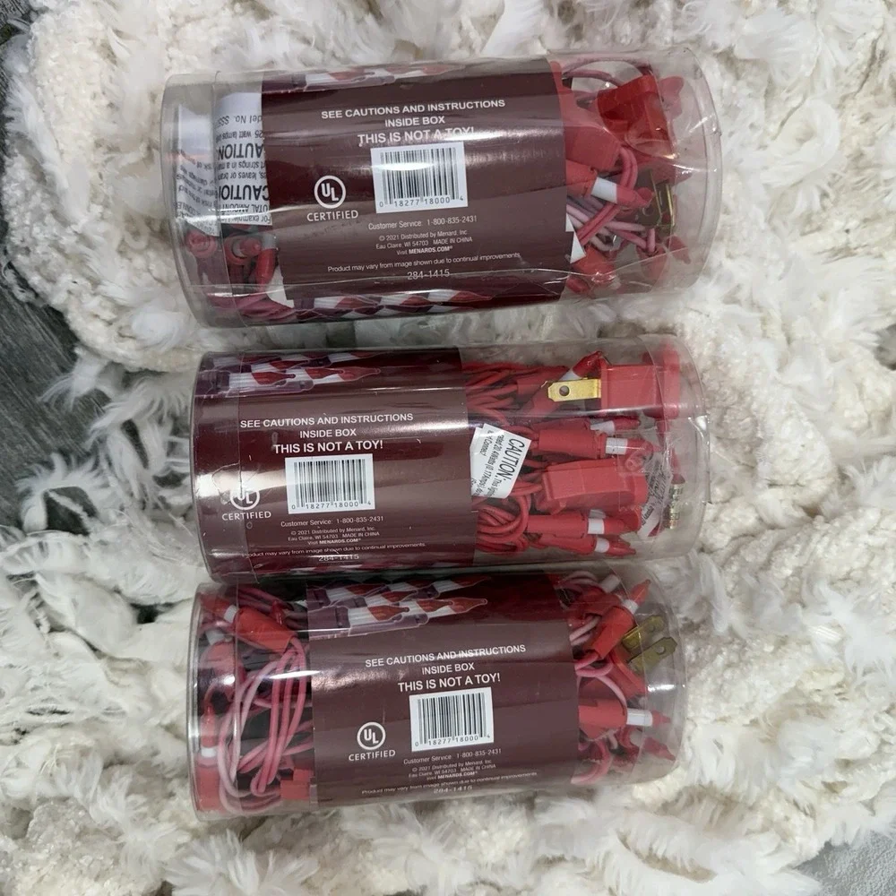 Peppermint Red & White Christmas Lights Enchanted‎ Forest 50 Lights 10' Set Of 3
